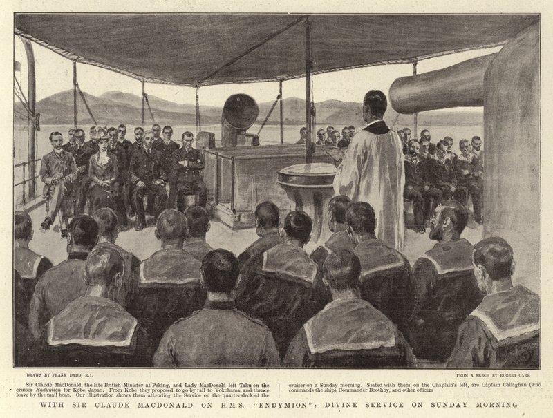 Com Sir Claude MacDonald no HMS Endymion, Serviço Divino no Domingo de Manhã de Frank Dadd