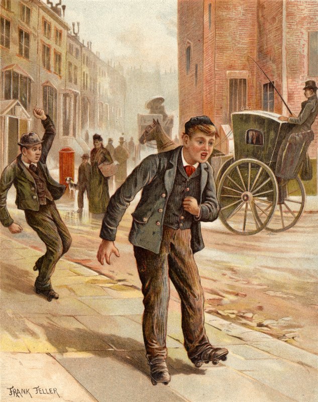 Uma volta duvidosa, menino rollerskating (chromolitho) de Frank Feller