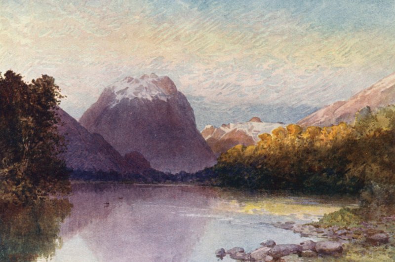Nova Zelândia: Na cabeceira do lago Te-Anau (litografia a cores) de Frank H Wright