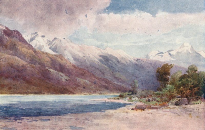 Nova Zelândia: Na cabeceira do lago Wakatipu (litografia a cores) de Frank H Wright