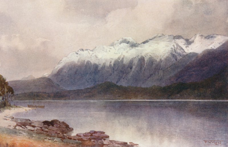 Nova Zelândia: Cathedral Peaks (litografia a cores) de Frank H Wright
