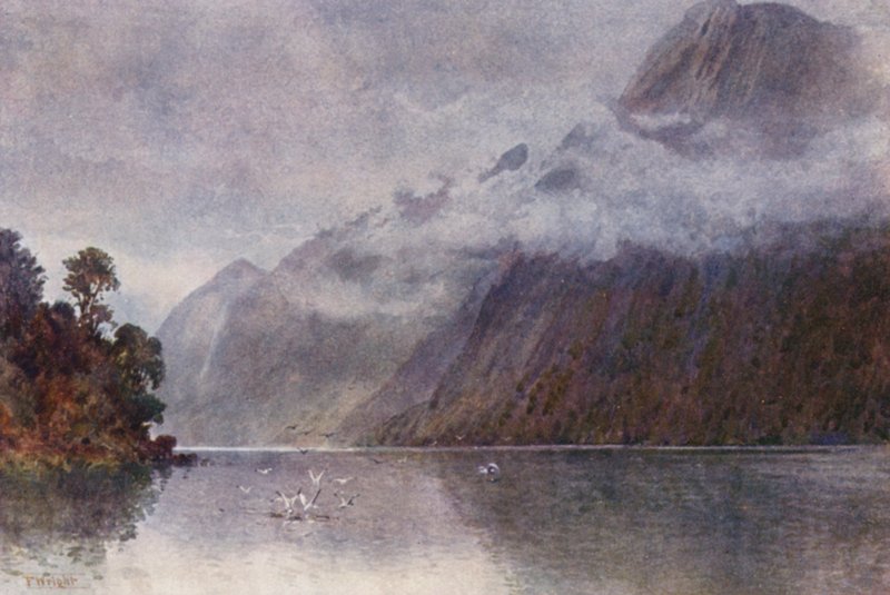 Nova Zelândia: Em Milford Sound (litografia a cores) de Frank H Wright