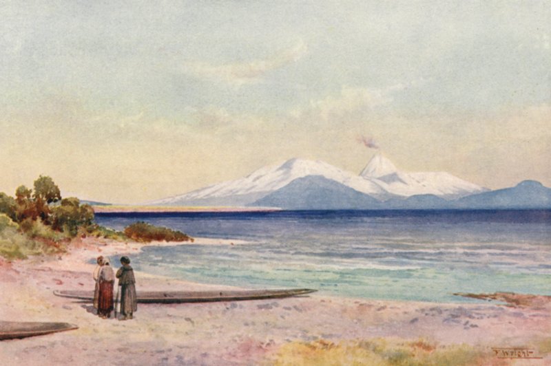 Nova Zelândia: Lago Taupo (litografia a cores) de Frank H Wright