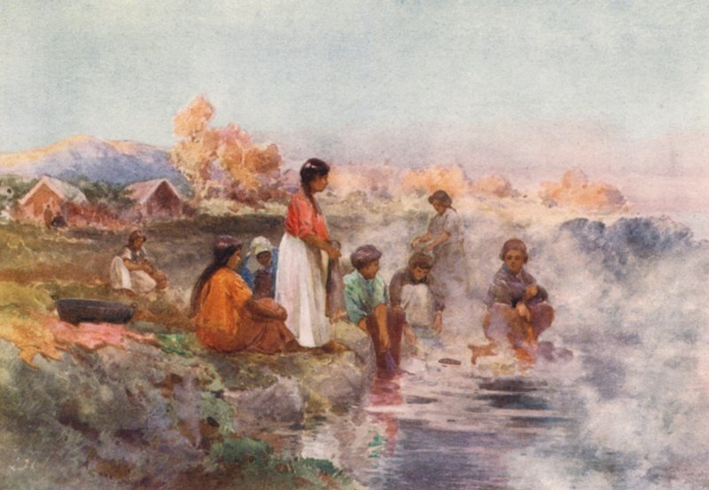 Nova Zelândia: Dia de Lavagem Maori, Ohinemutu (litografia a cores) de Frank H Wright