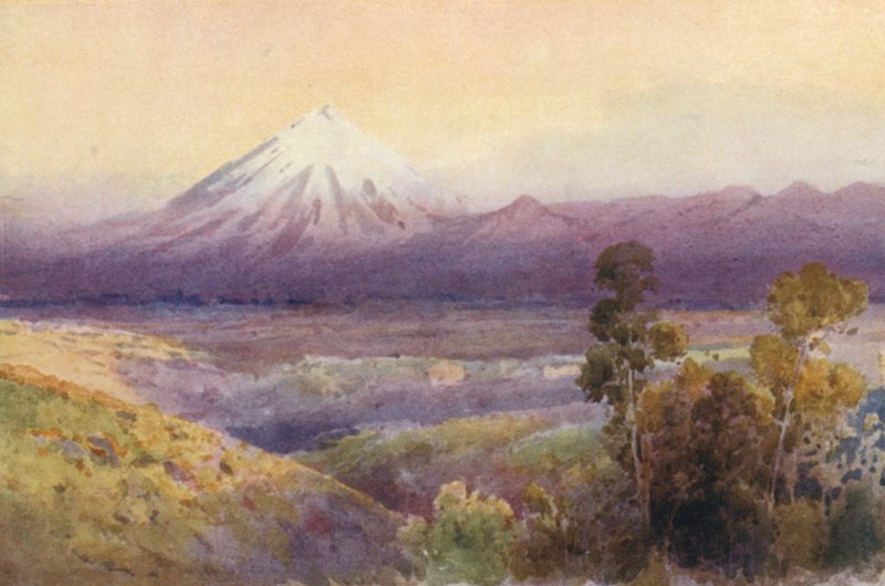 Nova Zelândia: Monte Egmont (litografia a cores) de Frank H Wright