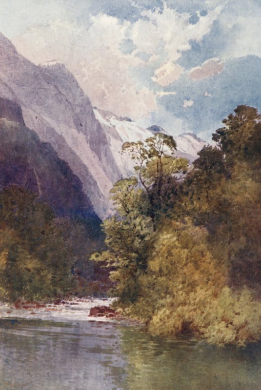 Nova Zelândia: On the Clinton River (litografia a cores) de Frank H Wright