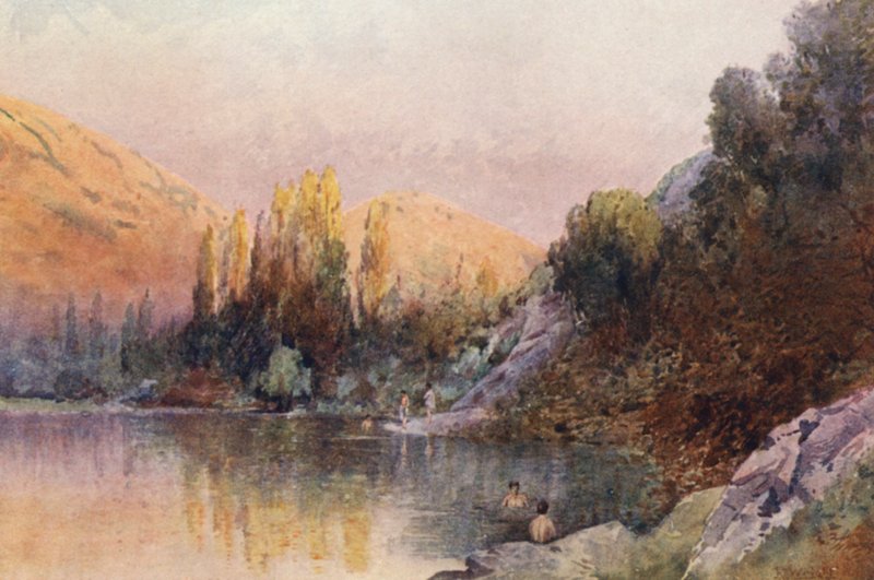 Nova Zelândia: A Piscina de Banho (litografia a cores) de Frank H Wright