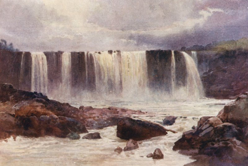Nova Zelândia: Cataratas de Wairua (litografia a cores) de Frank H Wright