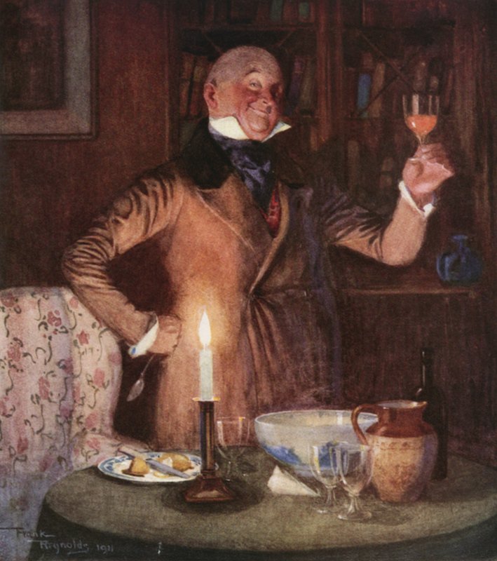 O Sr. Micawber no seu elemento (litografia a cores) de Frank Reynolds