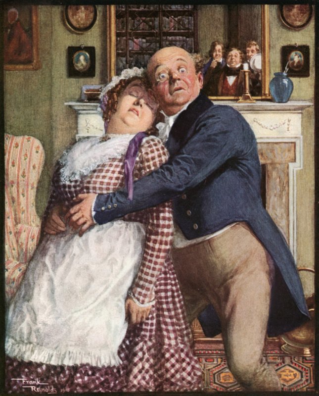 O Sr. Pickwick passa por uma experiência difícil (litografia a cores) de Frank Reynolds