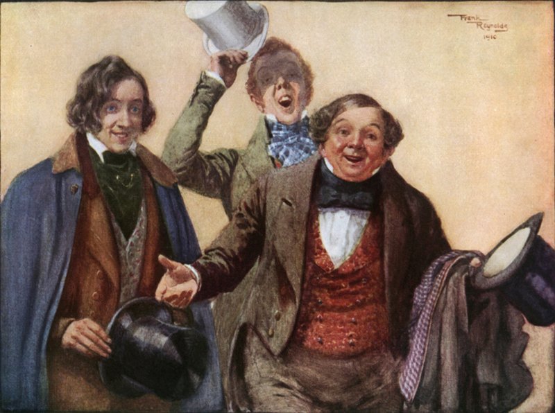 Sr. Tupman, Sr. Snodgrass e Sr. Winkle (litografia a cores) de Frank Reynolds