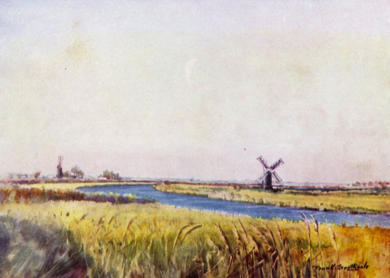 Norfolk Broads: Acima de São Escravos (cor litho) de Frank Southgate