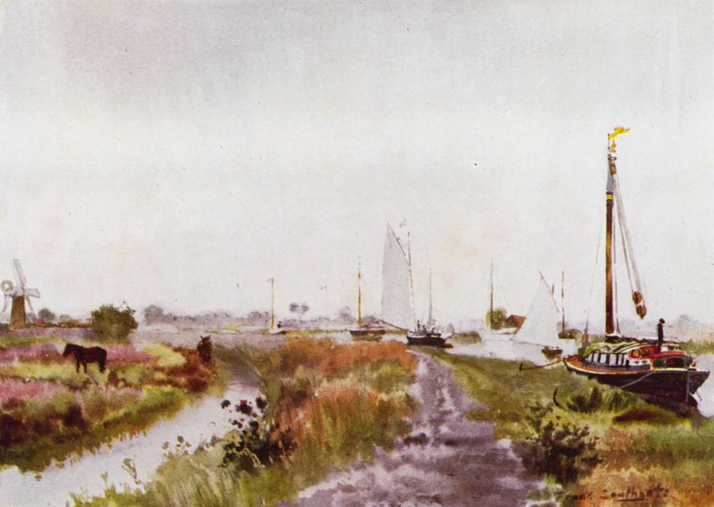 Norfolk Broads: Abaixo de Potter Heigham (cor litho) de Frank Southgate