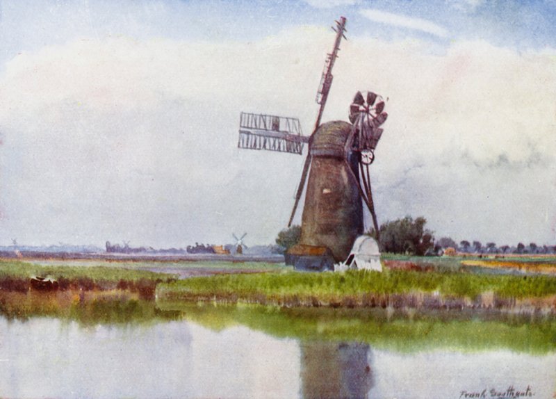 Norfolk Broads: Moinho País acima de Stokesby (cor litho) de Frank Southgate