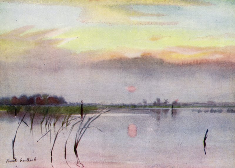 Norfolk Broads: Sunset, Heigham Sounds (cor litho) de Frank Southgate