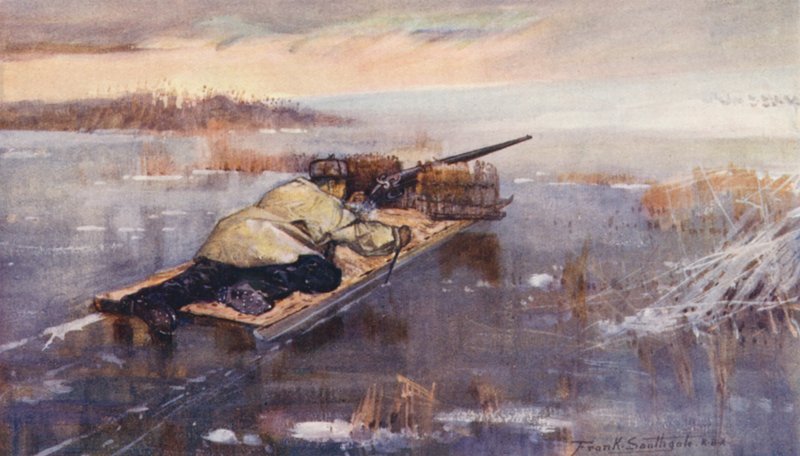 Wild Life in East Anglia: Wild-Fowling with a Stalking Sledge (litografia a cores) de Frank Southgate