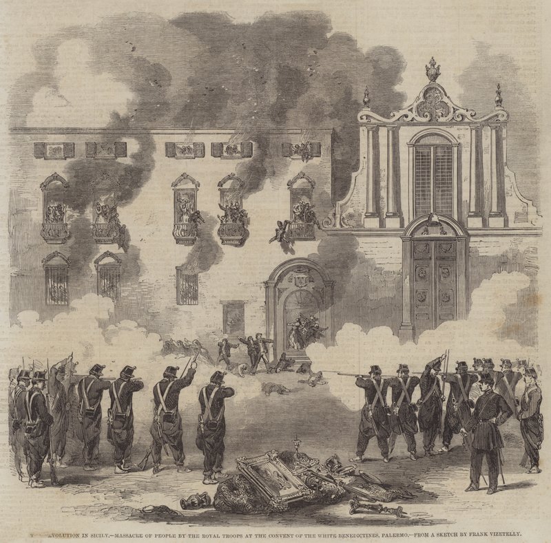 A Revolução na Sicília, Massacre do Povo pelas Tropas Reais no Convento dos Beneditinos Brancos, Palermo de Frank Vizetelly