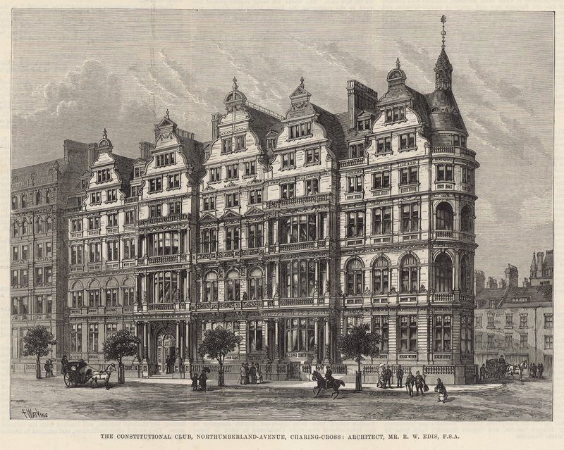 O Clube Constitucional, Northumberland Avenue (gravura) de Frank Watkins