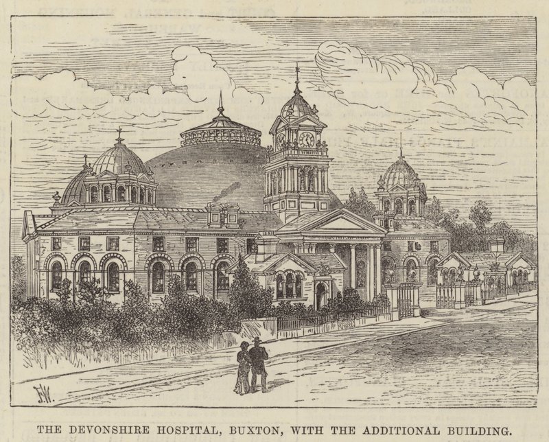 O Hospital Devonshire, Buxton, com o prédio adicional de Frank Watkins