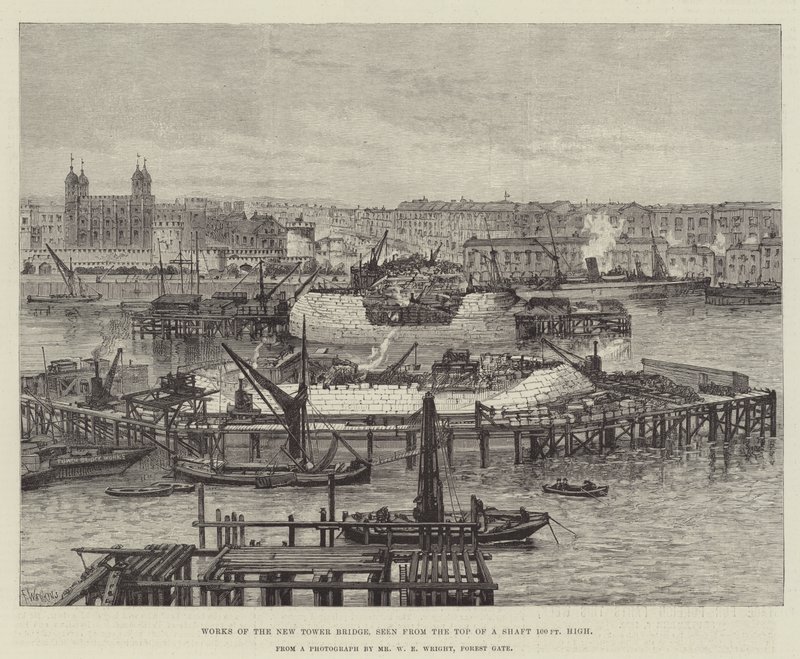 Obras da New Tower Bridge, vista do topo de um eixo de 100 pés de altura de Frank Watkins