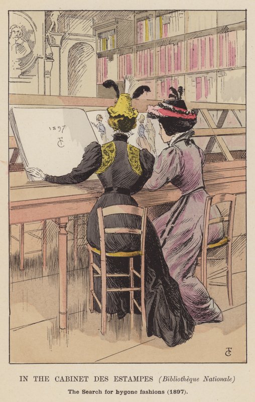 No Cabinet des Estampes, Bibliothèque Nationale, a busca por modas passadas, 1897 de François Courboin