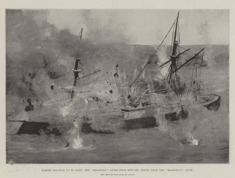 Prática de Alvos até à data, o Belleisle após quatro minutos de disparos das armas do Majestic de Fred T. Jane