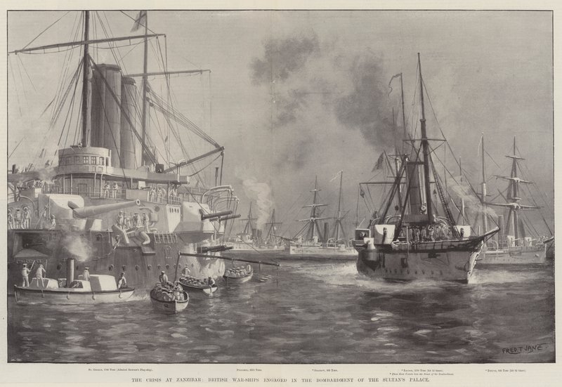A crise em Zanzibar, navios de guerra britânicos envolvidos no bombardeio do Palácio do Sultão de Fred T. Jane