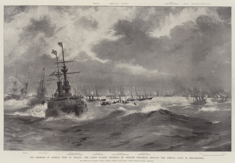 O imperador da visita da Rússia à França, os iates do czar, escoltados por navios de guerra ingleses, encontrando a frota francesa no meio do canal de Fred T. Jane