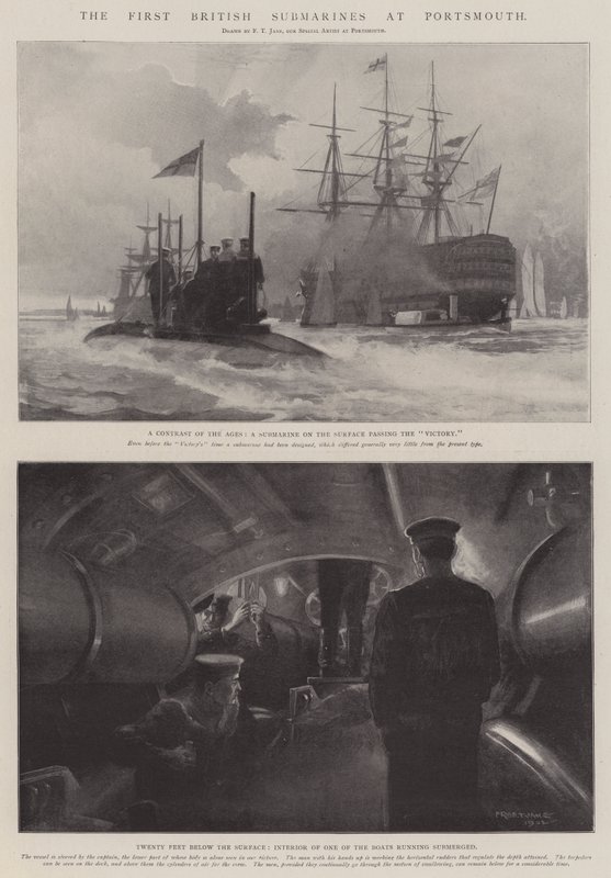 Os primeiros submarinos britânicos em Portsmouth de Fred T. Jane