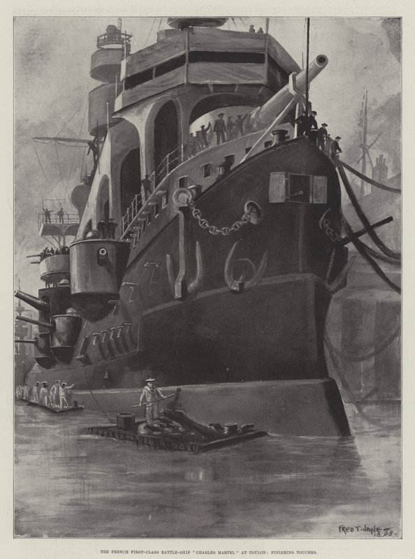 O navio de guerra francês de primeira classe Charles Martel em Toulon, retomando toques de Fred T. Jane