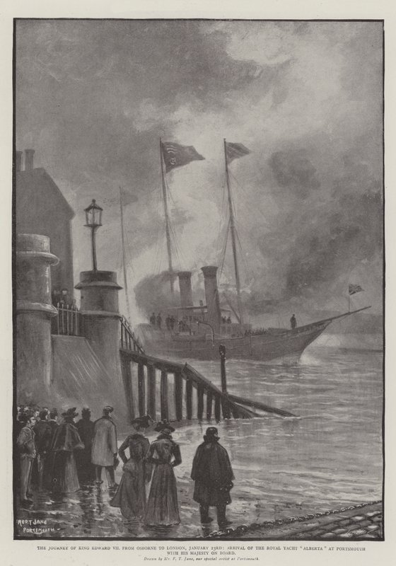 A Jornada do Rei Eduardo VII de Osborne a Londres, 23 de janeiro, Chegada do Iate Real Alberta em Portsmouth com Sua Majestade a bordo de Fred T. Jane