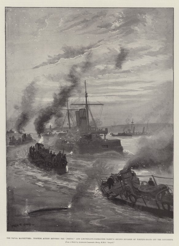 As manobras navais, ação de torpedo entre a Thetis e a segunda divisão de torpedeiros do tenente-comandante Barry fora dos Longships de Fred T. Jane