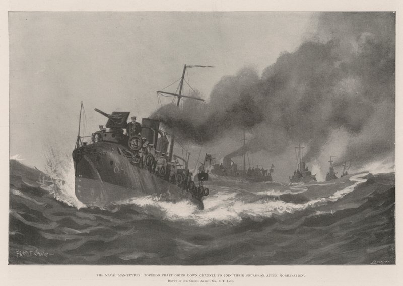 As manobras navais, Torpedo Craft descendo o canal para se juntar ao seu esquadrão após a mobilização de Fred T. Jane