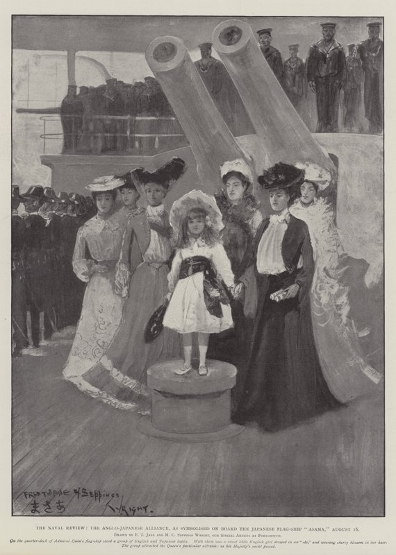 The Naval Review, a Aliança Anglo-Japonesa, simbolizada a bordo do navio de bandeira japonês Asama, 16 de agosto de Fred T. Jane