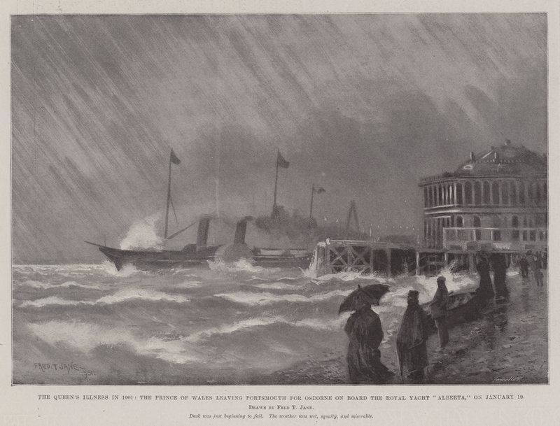 Doença da Rainha em 1901, o Príncipe de Gales deixando Portsmouth para Osborne a bordo do Royal Yacht Alberta, em 19 de janeiro de Fred T. Jane