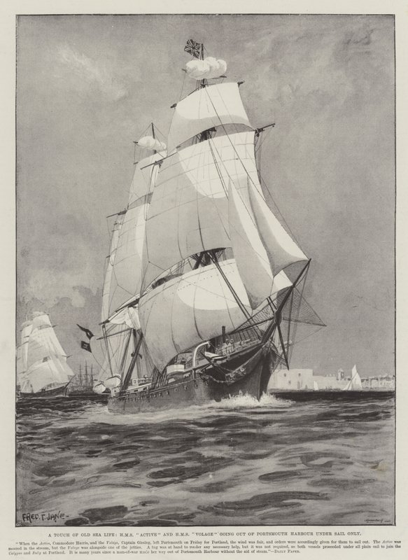 Um Toque da Velha Vida no Mar, HMS Ativo e HMS Volage saindo do Porto de Portsmouth sob Apenas a Vela de Fred T. Jane
