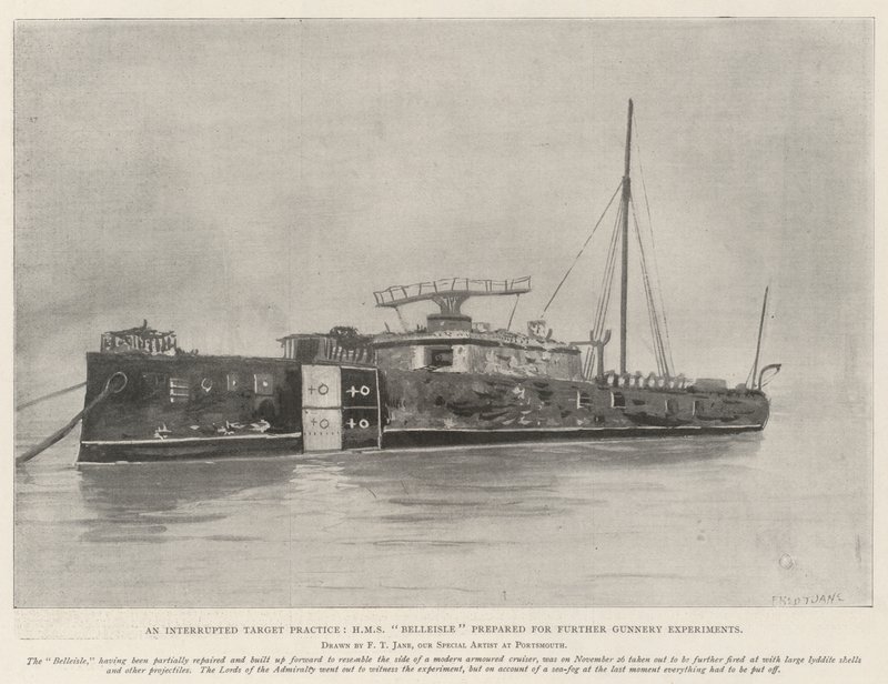 Uma prática alvo interrompida, o HMS Belleisle preparado para novas experiências de artilharia de Fred T. Jane