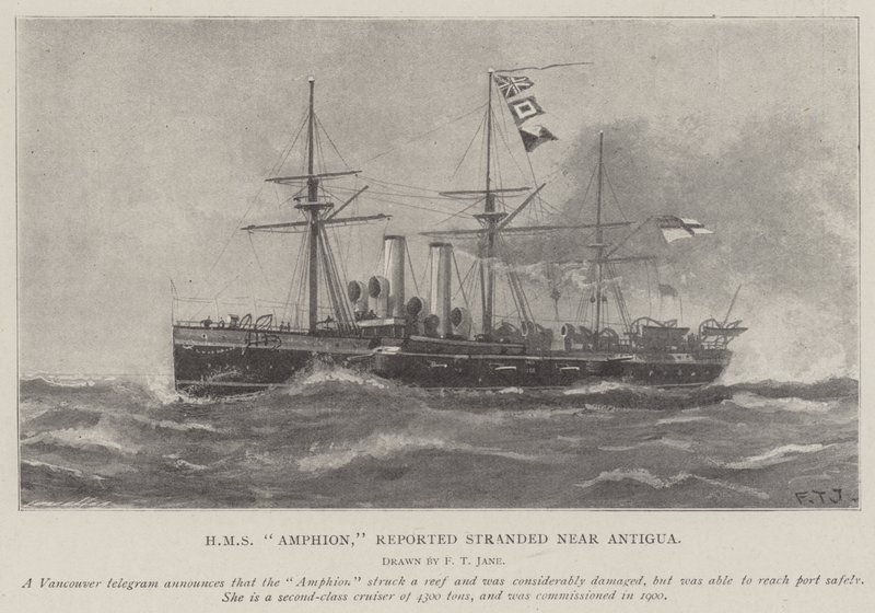 HMS Amphion, relatado encalhado perto de Antigua de Fred T. Jane