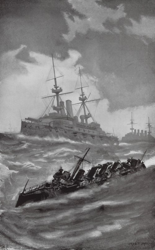HMS Mars, Terrible e Dragon em cruzeiro no Canal da Mancha (litografia) de Fred T. Jane