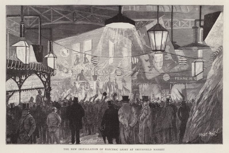 Nova instalação de luz eléctrica no Smithfield Market, Londres de Fred T. Jane