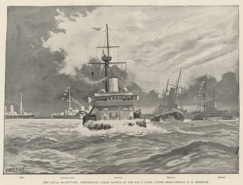 As manobras navais, táticas de vapor preliminares da frota vermelha de B, sob o contra-almirante EH Seymour de Fred T. Jane