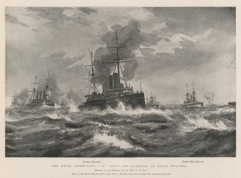 As manobras navais, X Fleet off Guernsey em tempo pesado de Fred T. Jane