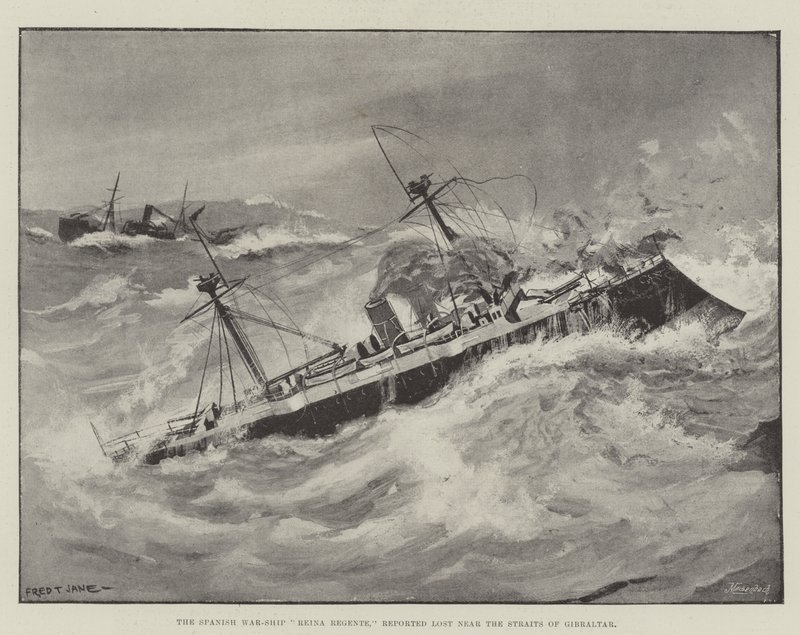 O navio de guerra espanhol, Reina Regente, relatou perdido perto do estreito de Gibraltar de Fred T. Jane