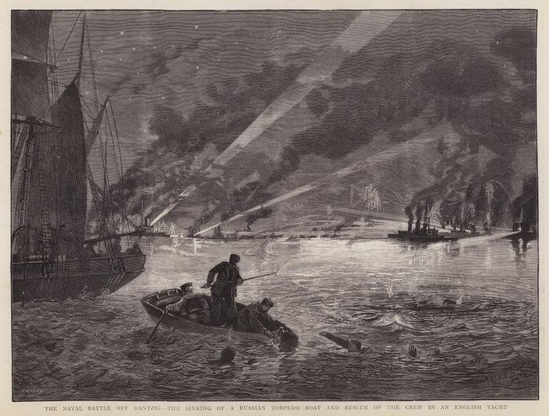A batalha naval de Dantzig: o afundamento de um barco torpedo russo e o resgate da tripulação por um iate inglês (litho) de Fred T. Jane