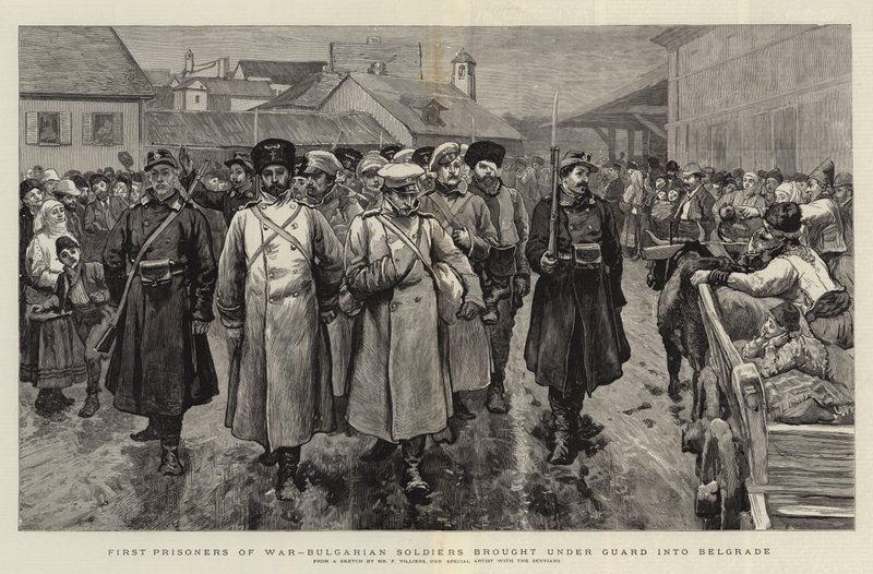 Primeiros prisioneiros de guerra, soldados búlgaros trazidos sob guarda em Belgrado de Frederic Villiers