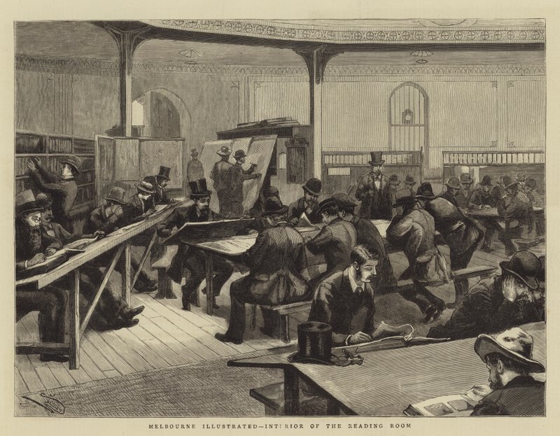 Melbourne ilustrado, interior da sala de leitura de Frederic Villiers