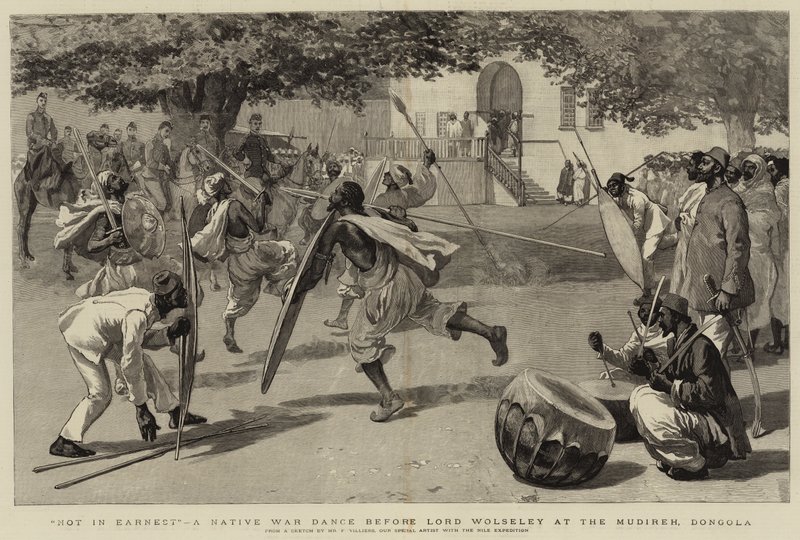 Não em sério, uma dança de guerra nativa antes de Lord Wolseley no Mudireh, Dongola de Frederic Villiers