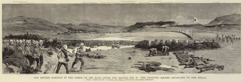 A Posição Britânica no Desfiladeiro de Abu Klea após a Batalha, 17 de janeiro, a Praça de Combate avançando para os Poços de Frederic Villiers