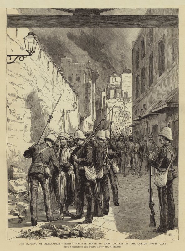 A Queima de Alexandria, fuzileiros britânicos prendendo saqueadores árabes no portão da Alfândega de Frederic Villiers