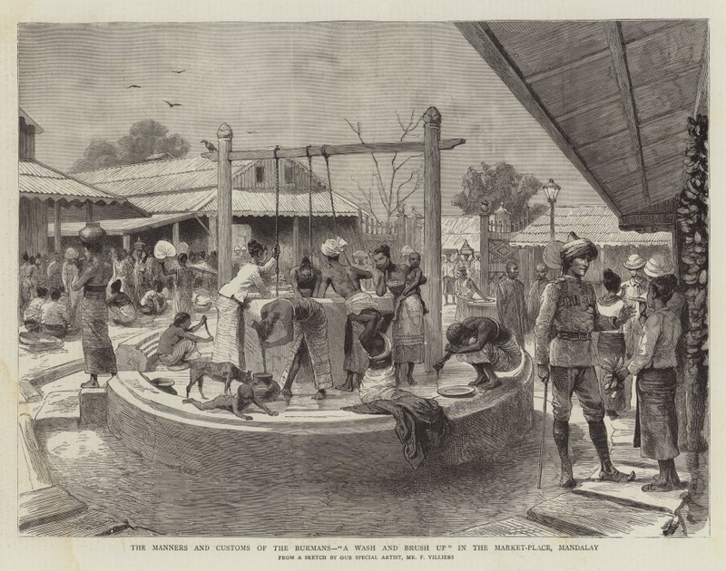 As maneiras e alfândegas dos birmaneses, uma lavagem e escova acima no Market Place, Mandalay de Frederic Villiers